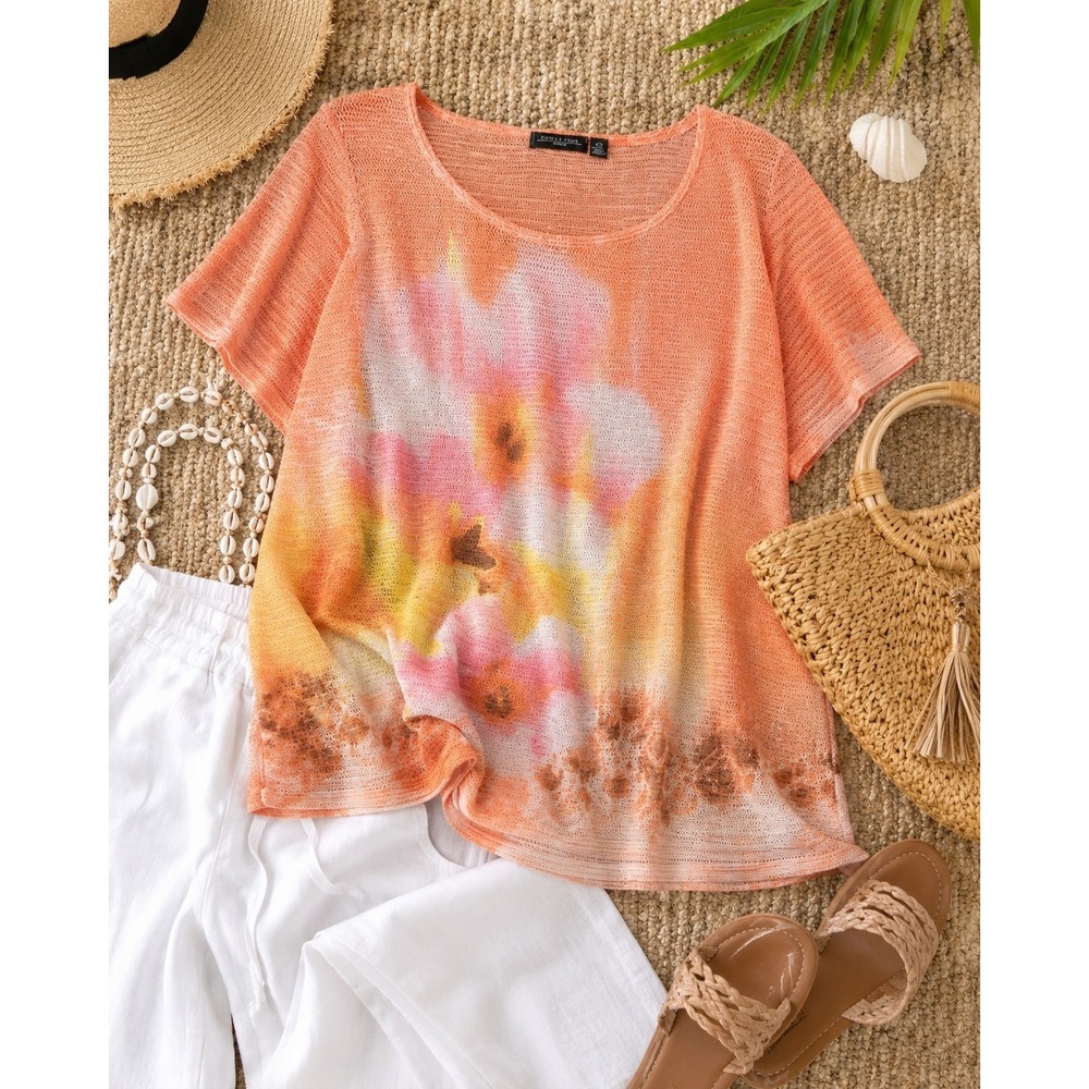 Womens 2X Peach Floral Open Knit Sweater Boho Coastal Grandma Beach Vacation